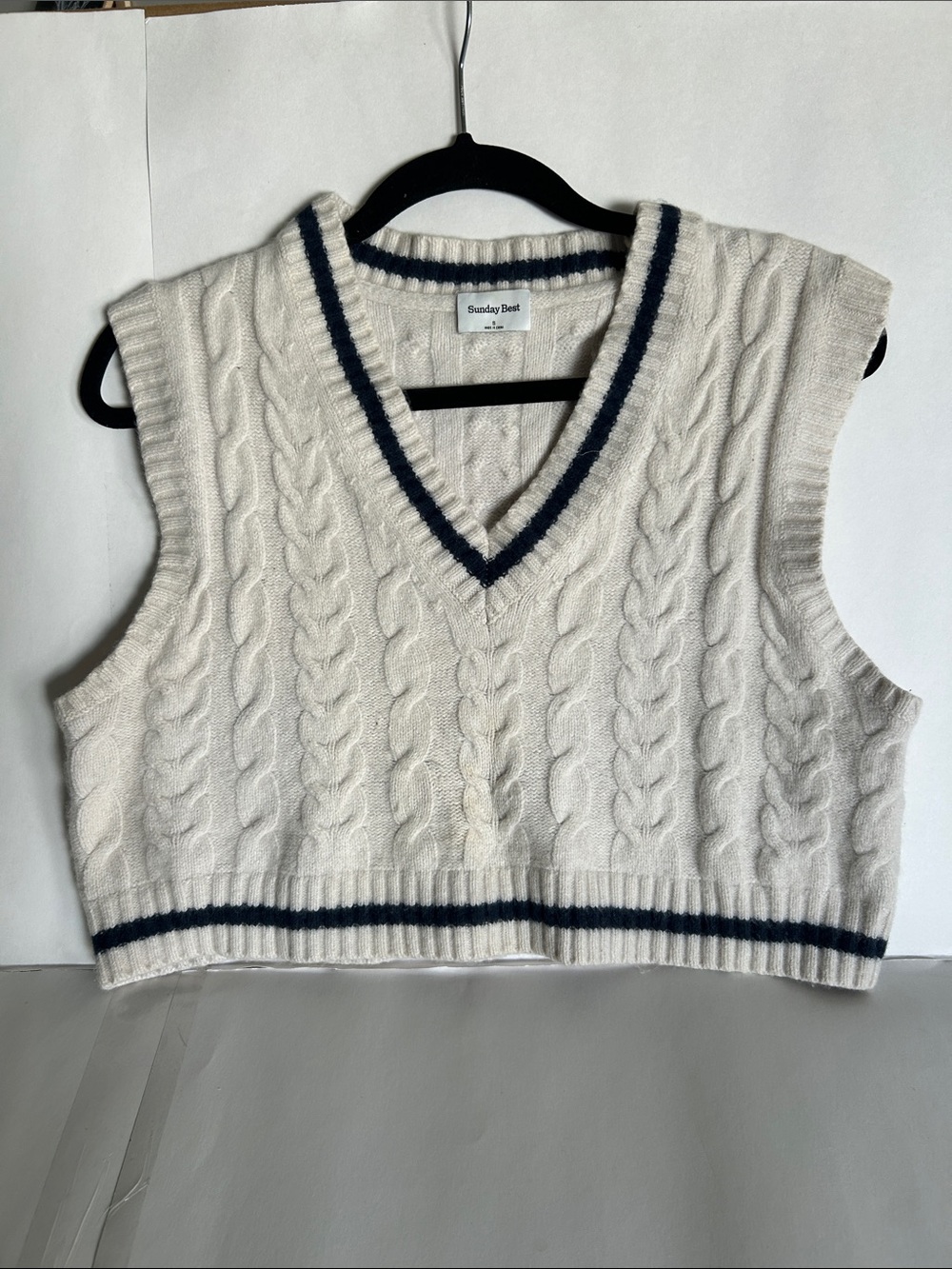 Sunday Best Cream Cable Knit V-Neck Sweater Vest with Navy Trim